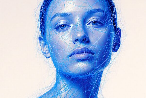 Image of a face with blue digital lines for a futuristic art concept.