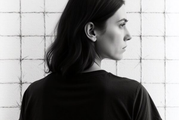 A person in side profile against a grid-patterned wall.
