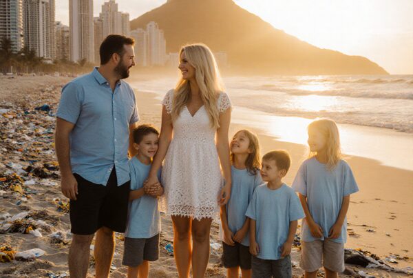 A family enjoys a beach sunset with skyscrapers and mountains in the background.
