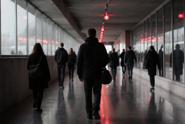 People walk through a dimly lit corridor with red lights reflecting on the glossy tiled floor, creating a warm atmosphere.