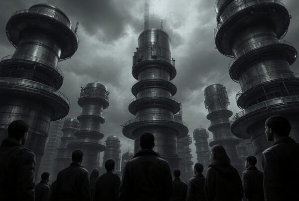 Dystopian cityscape with towering industrial structures under a cloudy sky.