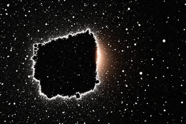 A captivating cosmic scene depicting a black hole surrounded by celestial stars and cosmic dust.