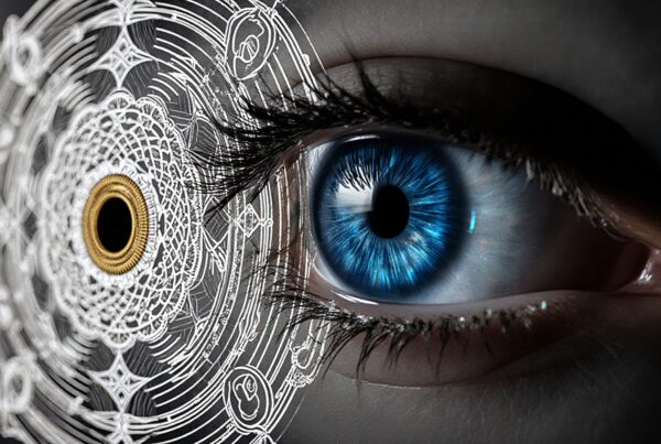 Close-up of blue eye with intricate white geometric patterns.