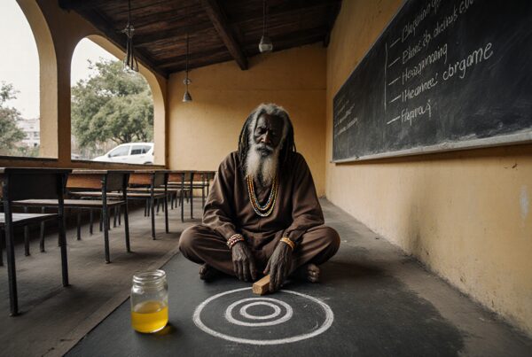 A man meditates in a rustic classroom with chalk drawing and jar.