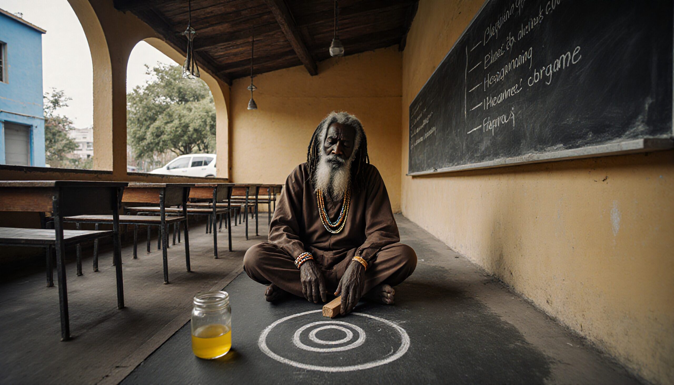 Man Meditating in Rustic Classroom