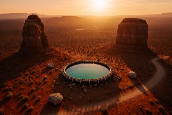Circular body of water surrounded by desert landscape with rock formations at sunset.