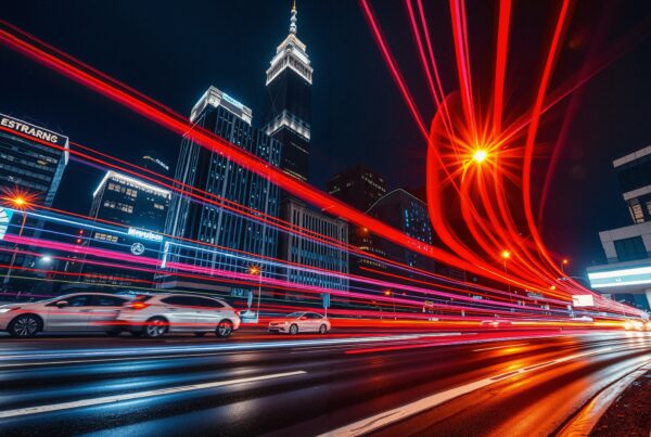 Vibrant cityscape with dynamic light trails reflecting on a wet night road, showcasing towering skyscrapers and bustling urban life.