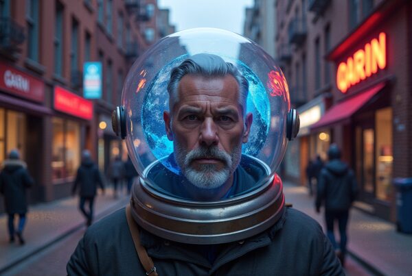 An older man wearing a futuristic helmet stands on an illuminated city street with neon lights.