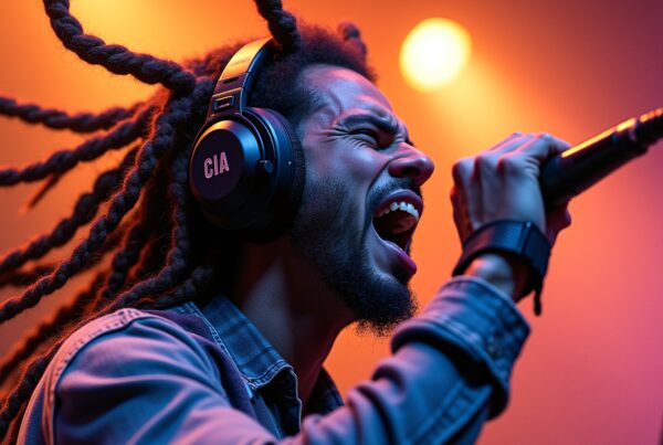 Singer passionately performing on stage, vivid colors.