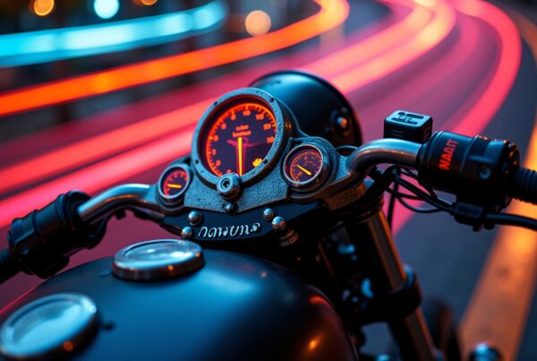 Vibrant motorcycle dashboard with glowing gauges.