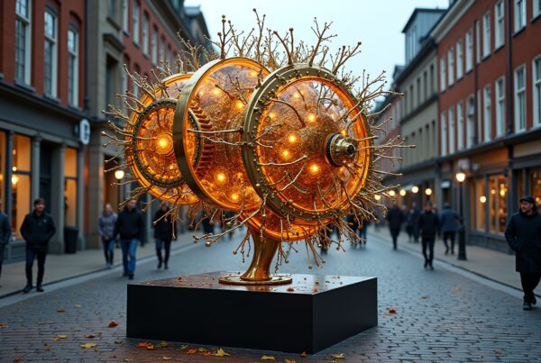 A large golden sculpture with glowing lights and branch-like extensions displayed on a cobblestone street amidst classic architecture.