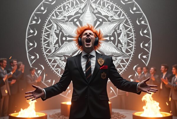A man with orange hair in a suit sings passionately in front of a patterned backdrop, surrounded by clapping men and flames.