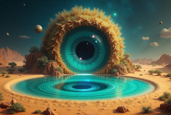Surreal desert scene with cosmic eye.