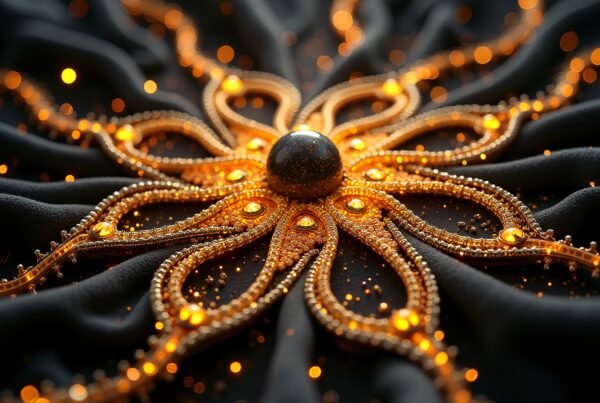 Intricate gold pattern with central sphere on dark fabric.