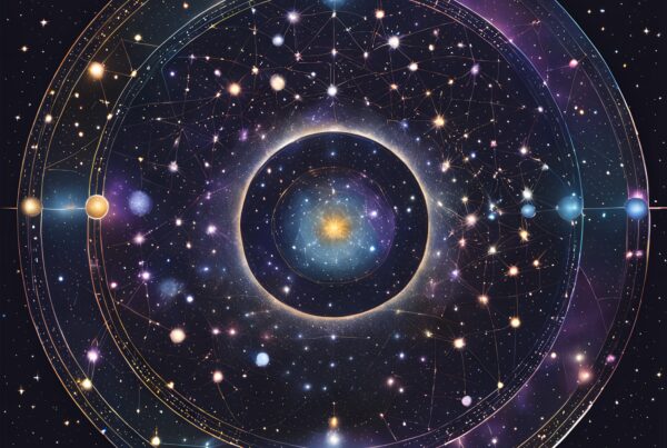 A vibrant cosmic pattern with interconnected stars and celestial orbs against a dark space background.