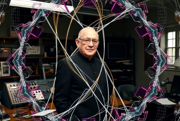 A man in a laboratory surrounded by electronic equipment and geometric neon designs.