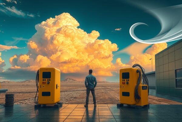 A lone man stands between two yellow machines, gazing at a vibrant sunset over a vast desert and dramatic clouds.