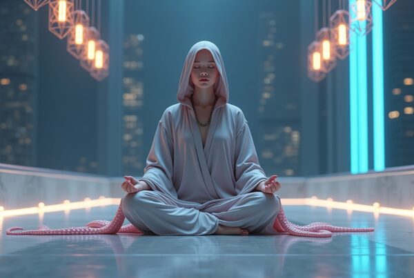 A woman meditating in a futuristic room with neon lights and city view, wearing a hooded robe, exuding tranquility and mystery.
