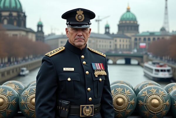 Portrait of a military officer standing on a bridge with a historic cityscape in the background.