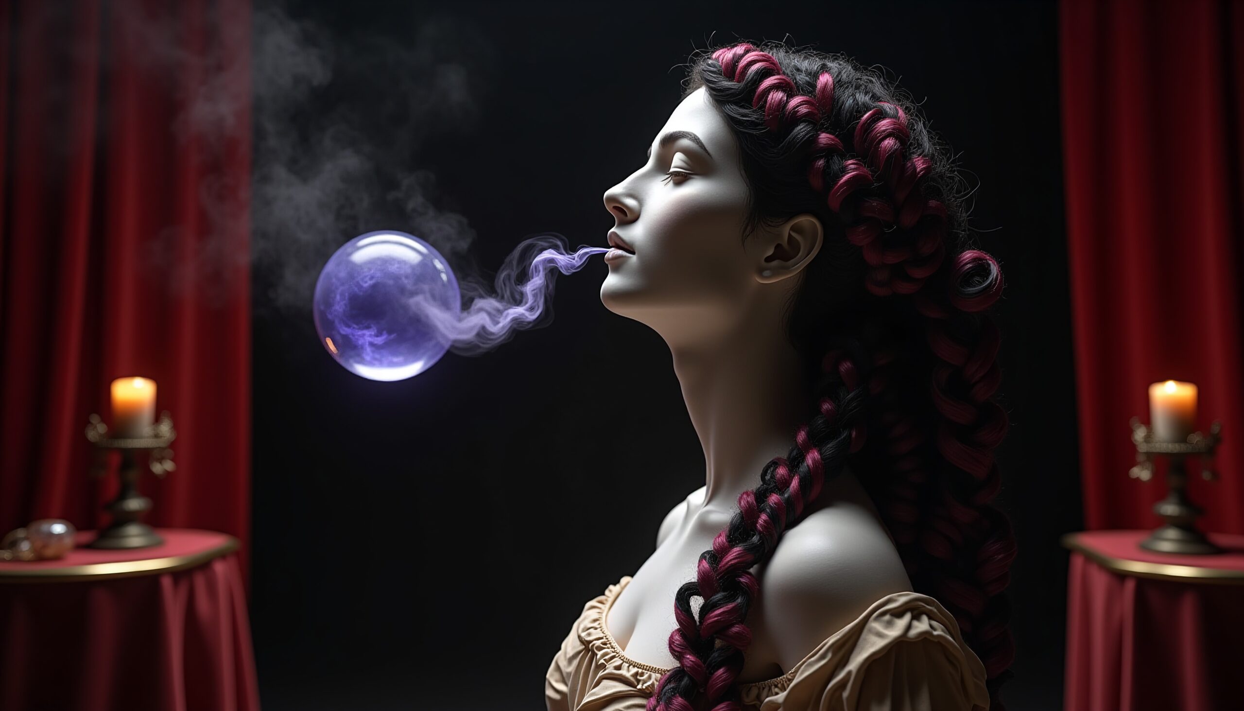 Mystical Woman Blowing Purple Bubble
