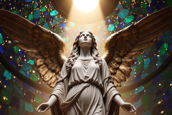 Statue of an angel with expansive wings, illuminated by stained glass.