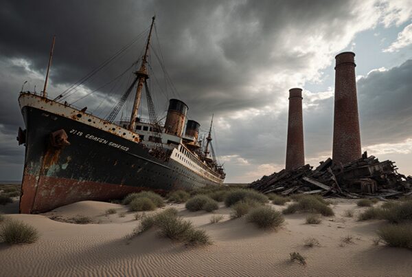 A rusted ship, stranded on sand, overlooked by tall chimneys under a dramatic sky.