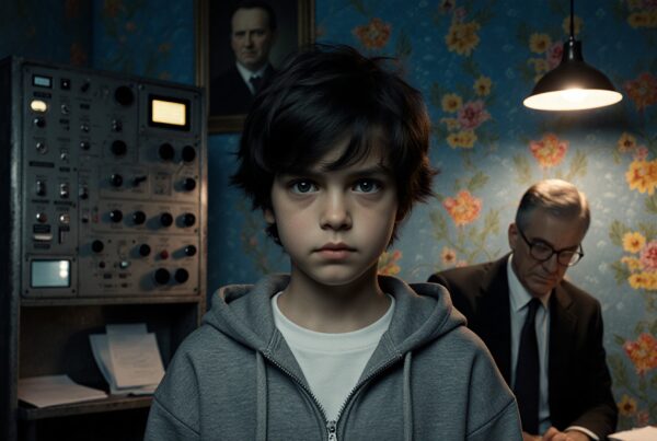 A serious young boy stands in a vintage room with a floral wallpaper and an older man in the background.