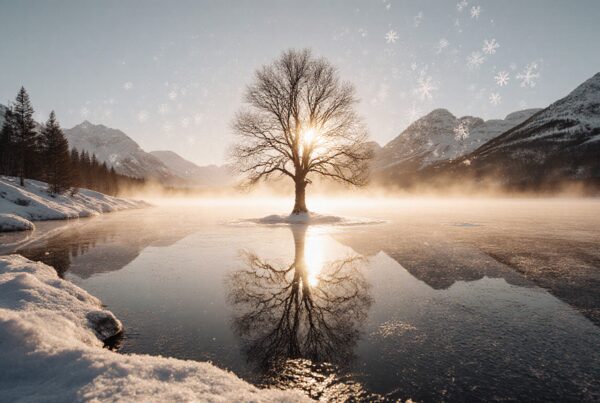 Solitary tree on frozen lake reflecting sunlight, surrounded by snowy mountains and gentle mist.