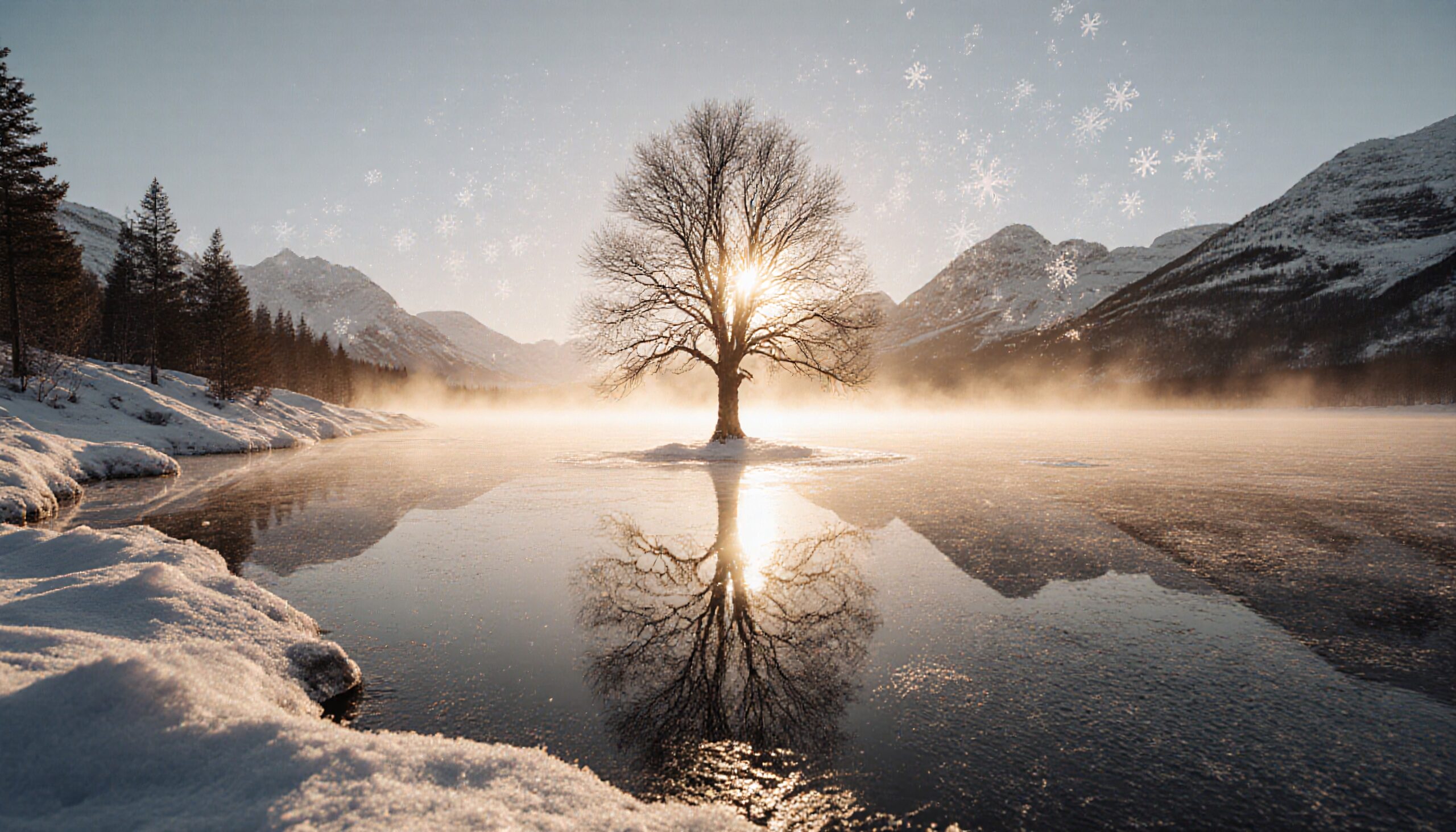 Sunlit Tree on Frozen Lake