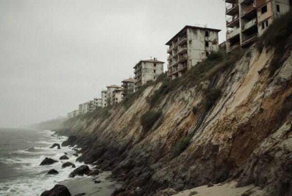 Abandoned buildings perched on eroded cliffside with waves crashing below under an overcast sky.