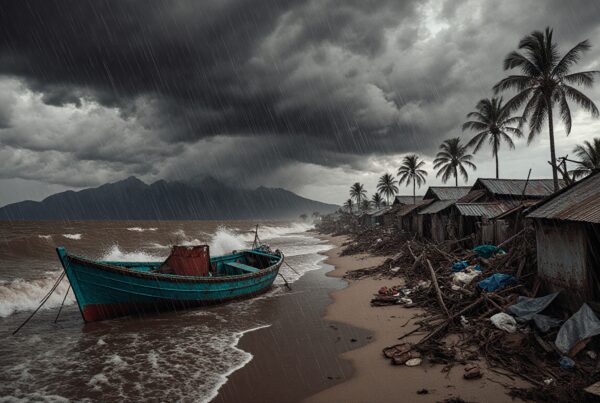 A small fishing boat on a stormy coast with dark clouds and rain in a rustic village.