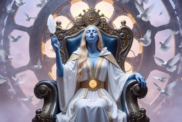 A blue-skinned figure on a grand throne surrounded by doves in an ethereal, mystical setting.