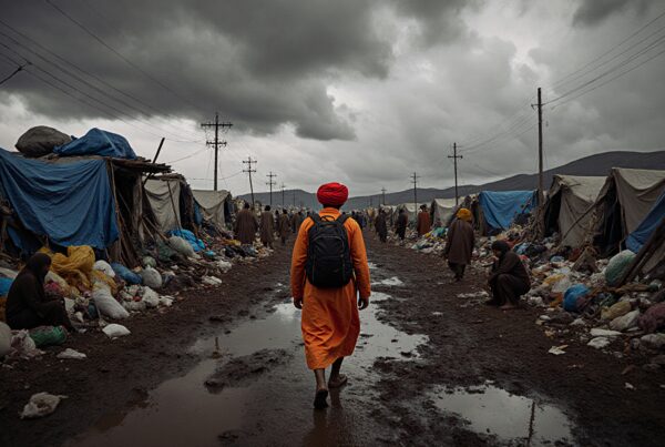 A person in an orange robe and turban walks through a muddy refugee camp path, under dark, stormy skies.