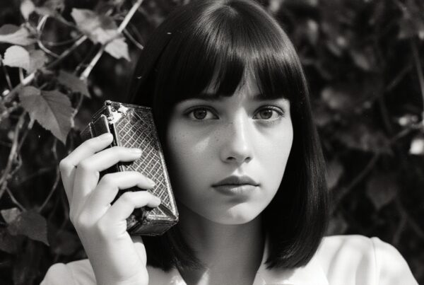 A black-and-white portrait of a woman holding an object against a background of ivy leaves.