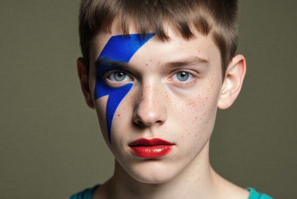 A young person with bold makeup featuring a blue lightning bolt and red lipstick exudes calm confidence in a striking portrait with a minimal background.