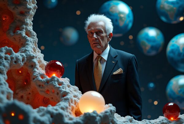 Elderly man in suit surrounded by floating planets in surreal cosmic setting.