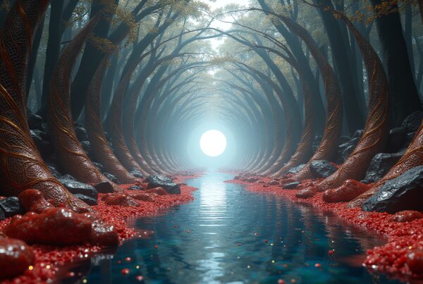 A mystical forest with winding trees and glowing light.