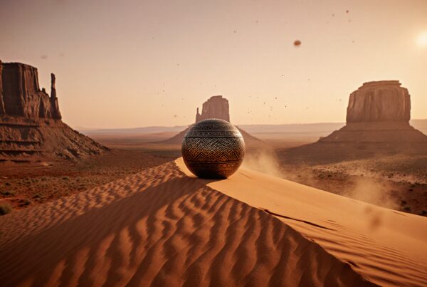 A patterned sphere atop a desert dune with towering buttes in the background, bathed in warm sunlight.