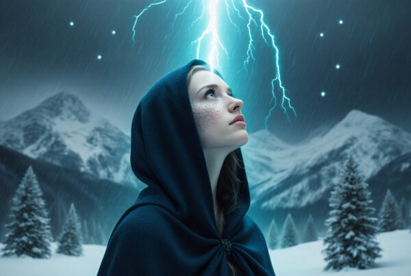 Woman under stormy winter sky.