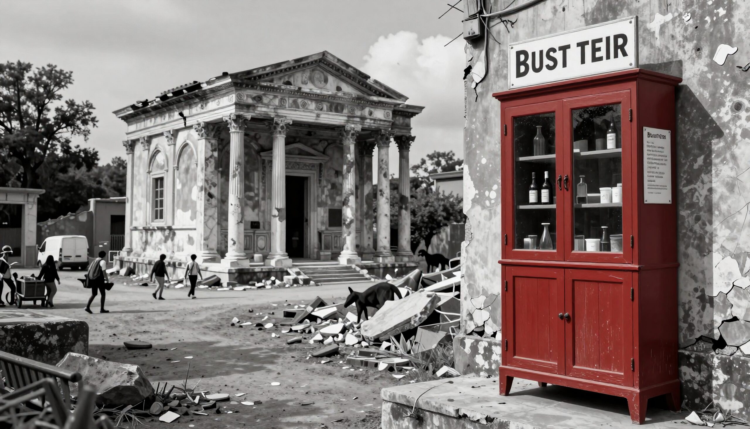 Contrasting Red Cabinet and Ruins