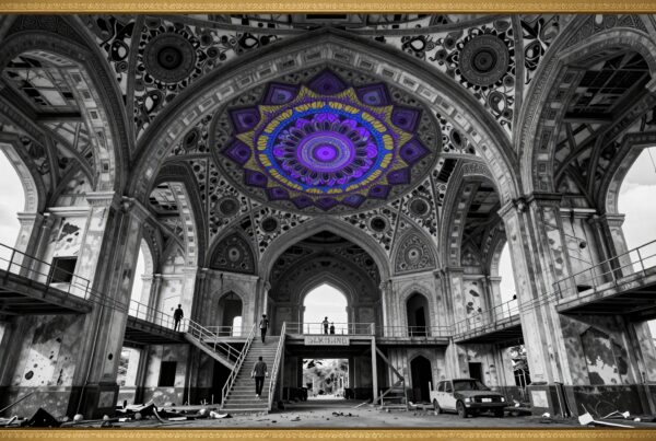 Ornate interior with striking purple mandala ceiling.