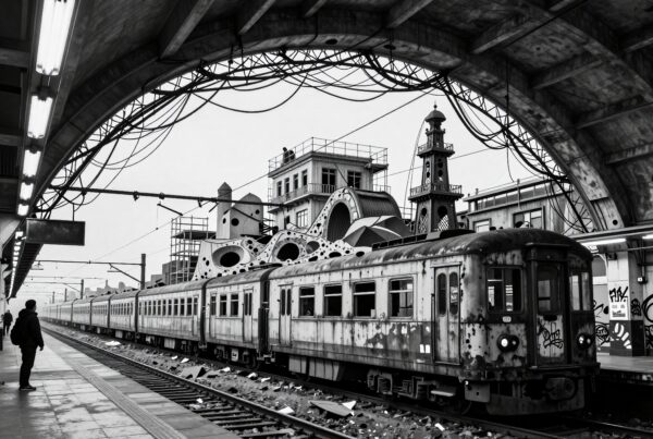 A vintage train with graffiti under a complex arched roof at an urban station.