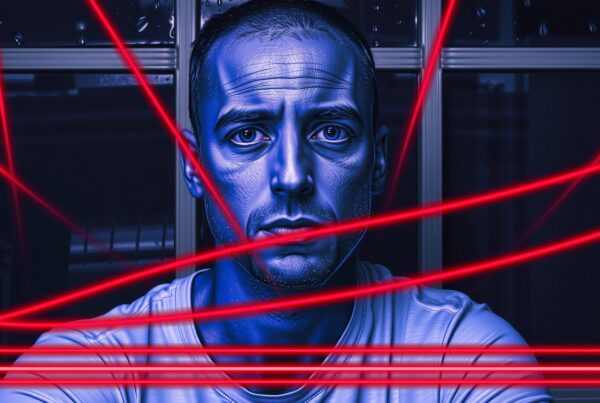 A man navigates through intense red laser beams, featured in a bluish hue, creating a high-tech and suspenseful atmosphere.