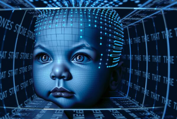 Digital depiction of a futuristic, technology-themed baby face with holographic elements and a blue color scheme.