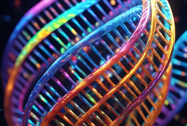 A vibrant, artistic rendering of a colorful DNA helix structure.