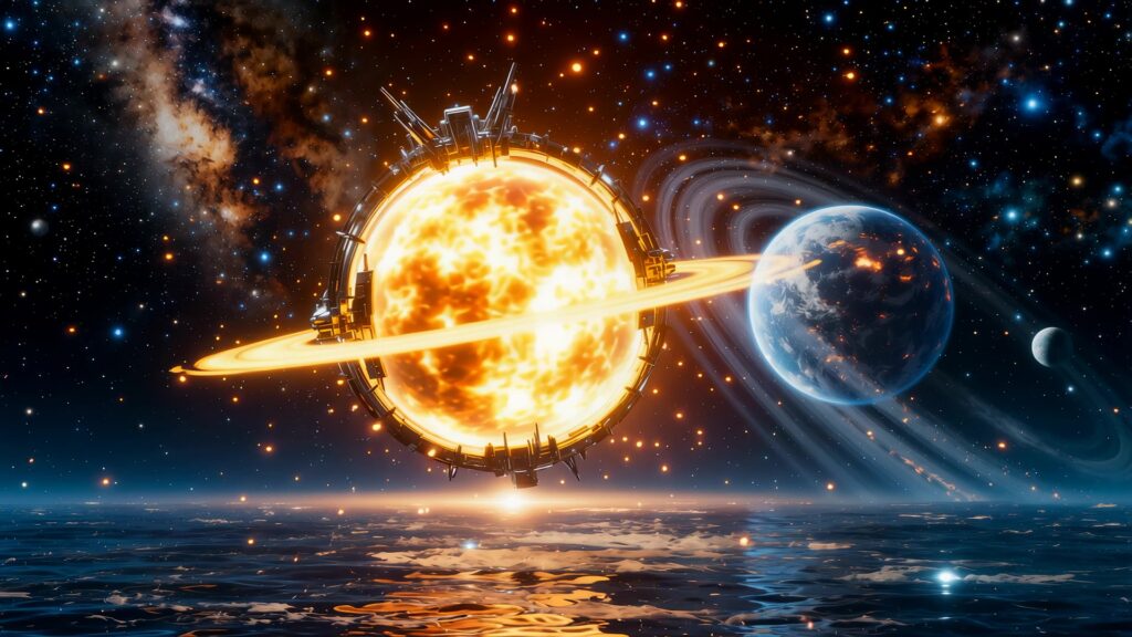 Futuristic solar station orbiting planet over ocean under starry sky