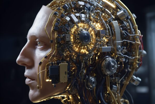 A humanoid figure with a partially mechanical head, combining human and robotic features, illuminated with glowing circuits and metallic components.