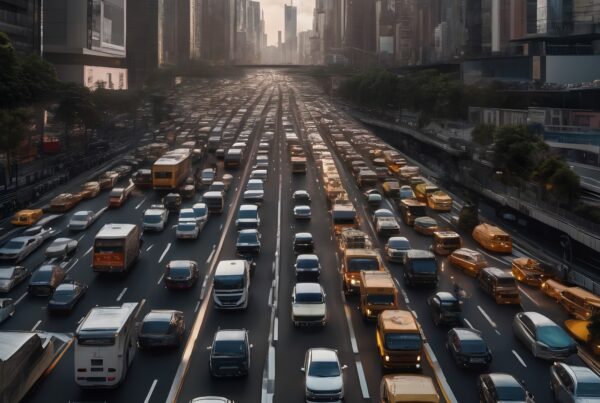 Busy city highway with dense traffic during rush hour, surrounded by skyscrapers.