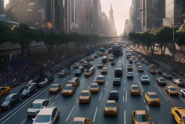 An elevated view of a busy city street, filled with yellow taxis and vehicles, lined by tall skyscrapers and lush green trees, under warm sunlight.