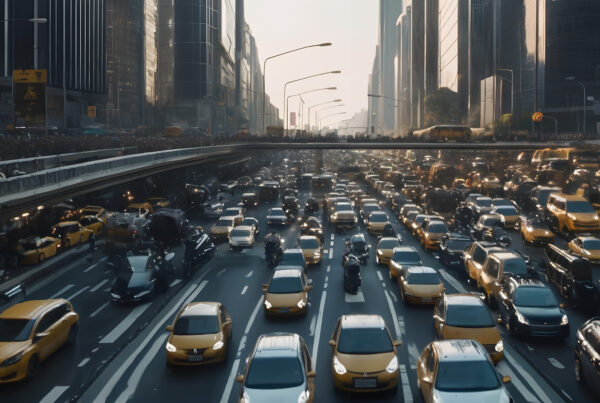 A large dystopian traffic jam in a city.